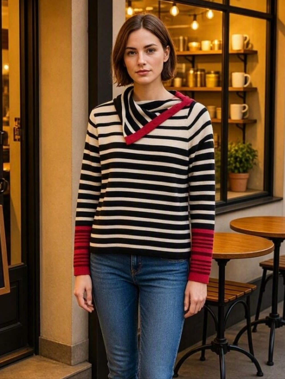 One A Black & Cream Striped Split Cowl Neck Sweater with Buttons & Red Trim - M